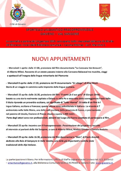 Sportello Linguistico Francoprovenzale di Giaveno - Nuovi appuntamenti aprile 2015